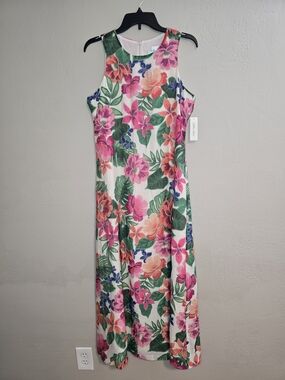 Willow Glenn Sleeveless Floral Midi Dress in White, Pink & Green Medium
